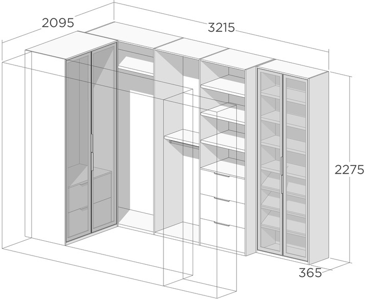 Схема гардероба с открытыми полками и стеклянными фасадами