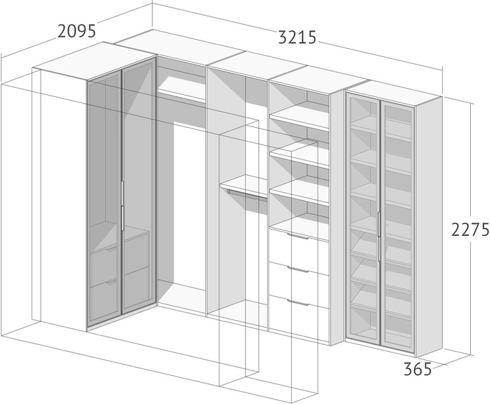 Схема гардероба с открытыми полками и стеклянными фасадами