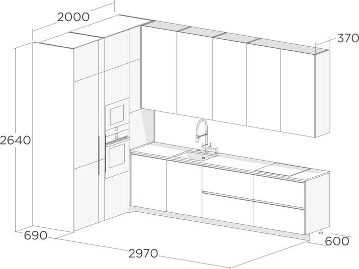 A corner kitchen with the smart storage system